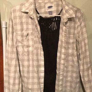 Old Navy flannel, and a black tank top